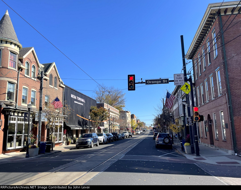 Looking east along the Rt. 101 light rail line through Downtown Media